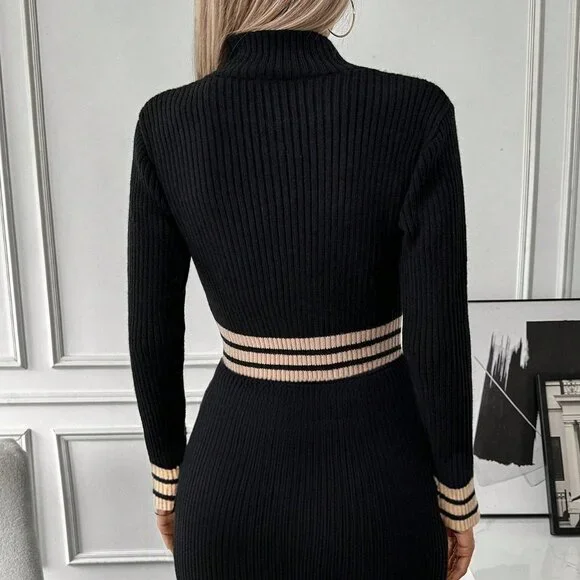 Black Casual Women's Colorblock Stripe Mock Neck Bodycon Mini Sweater Dress - Picture 2 of 7